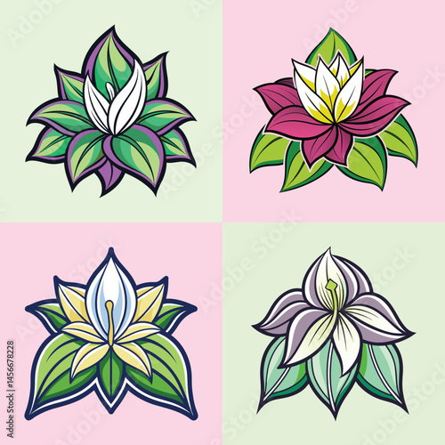 Stylized floral icons set, 4 botanical flower illustrations in EPS format, colorful blooming lily and lotus blossom graphics for branding