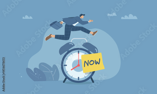 Take action now and don't procrastinate, Targeted work to achieve tasks on time efficiently, Businessman jumping over clock to goal, Flat design vector illustration.