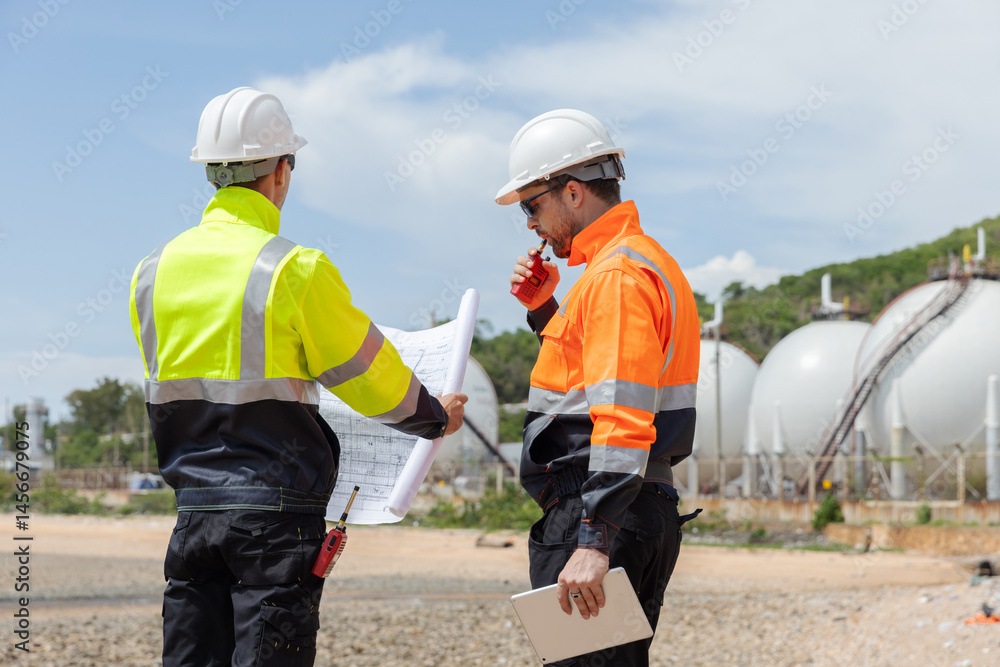 Two engineers wearing safety uniforms and helmets review construction blueprints and discuss an improvement plan at an industrial facility with large spherical storage tanks in the background. Two engineers wearing safety uniforms and helmets review construction blueprints and discuss an improvement plan at an industrial facility with large spherical storage tanks in the background.