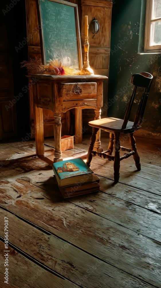 custom made wallpaper toronto digitalSunlit rustic room interior with wooden desk, chair, books and decorative elements creates a cozy and vintage atmosphere.