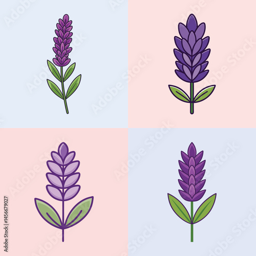 Lavender flower icons set, purple floral botanical illustrations, 4 organic lavender sprig elements in EPS format for spa and wellness branding
