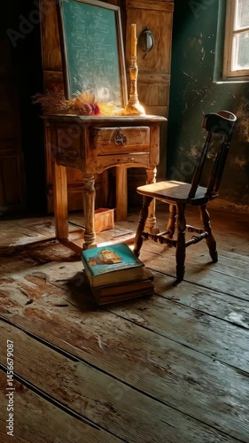 Wallpaper Mural Sunlit rustic room interior with wooden desk, chair, books and decorative elements creates a cozy and vintage atmosphere. Torontodigital.ca