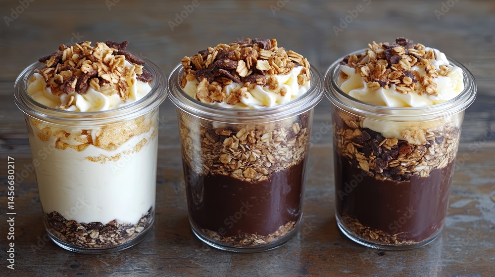 Layered yogurt and granola in clear jars . Layered yogurt and granola in clear jars .