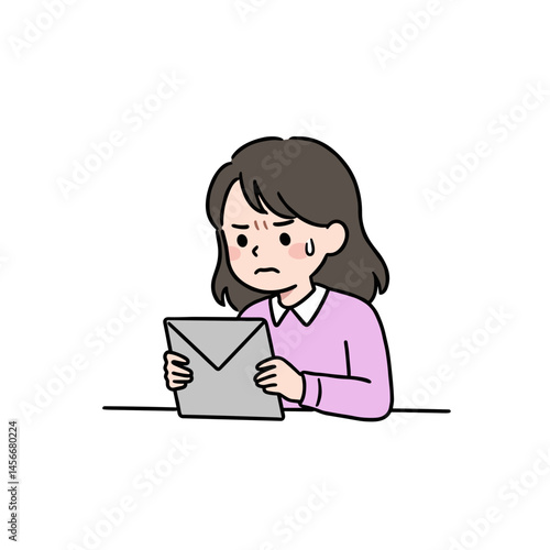 Woman reading a letter with a worried expression and sweat drops