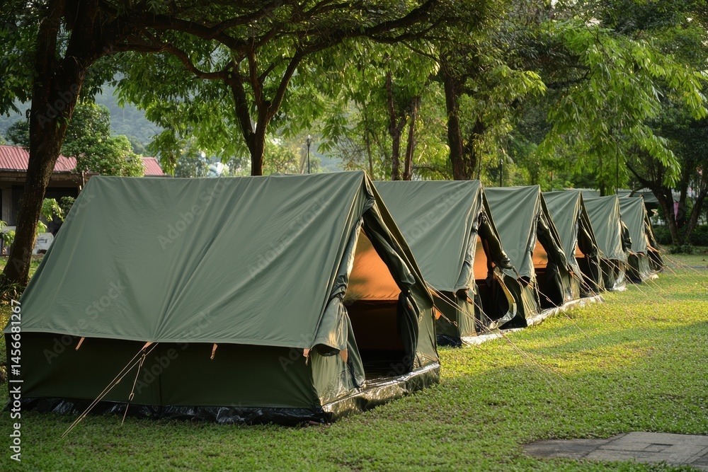 Row of Olive Green Canvas Tents on Green Grass Field at Campground in Summer Daytime Landscape View Row of Olive Green Canvas Tents on Green Grass Field at Campground in Summer Daytime Landscape View