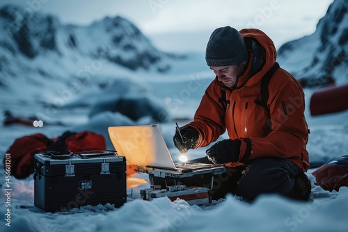 Obraz na płótnie Scientist Working on Laptop During Arctic Expedition.Field Research and Climate Data Collection in Extreme Cold w salonie