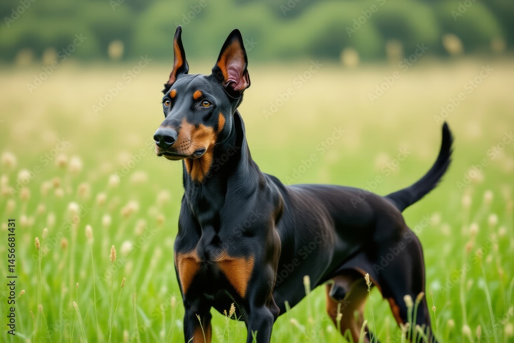 Doberman with cropped ears, serious expression, standing in tall grass, alert look, soft sunlight filtering through trees. Concept of doberman with cropped ears, dogs in nature. Doberman with cropped ears, serious expression, standing in tall grass, alert look, soft sunlight filtering through trees. Concept of doberman with cropped ears, dogs in nature.