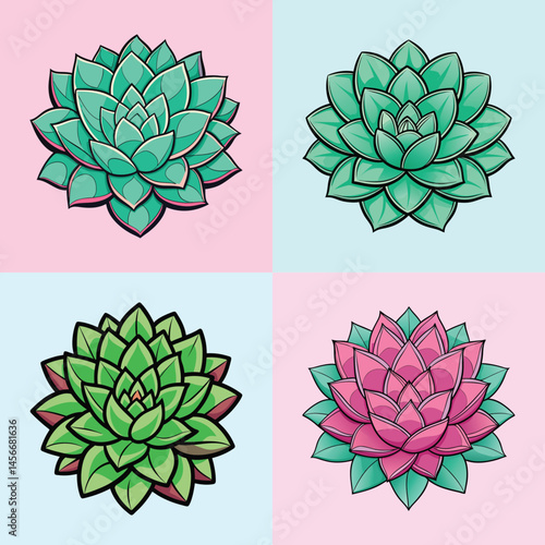 Collection of Four Succulent Plants in Pastel Colors  Beautiful Botanical Illustration of Echeveria Succulents