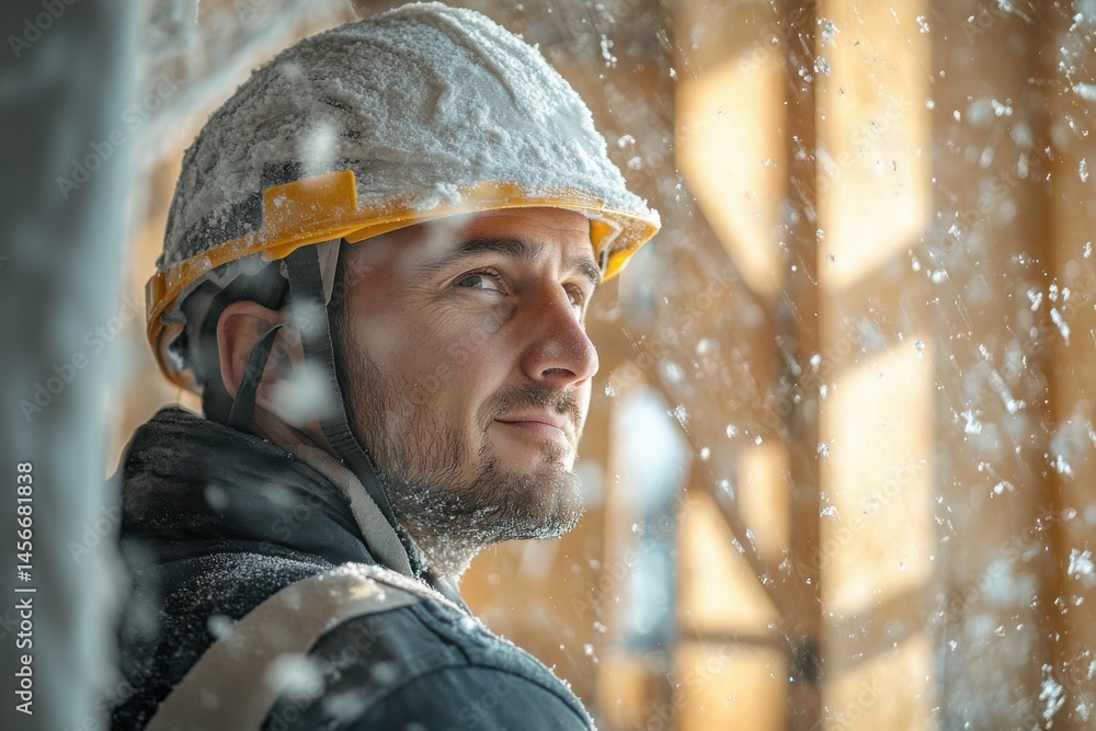 insulation technician carefully installing thermal material in residential loft, part of modern home retrofit, energy performance optimization, green construction industry trends