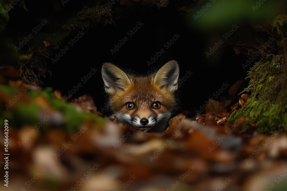 Fototapeta premium A curious red fox kit peeks from its den, nestled amongst autumn leaves and moss.