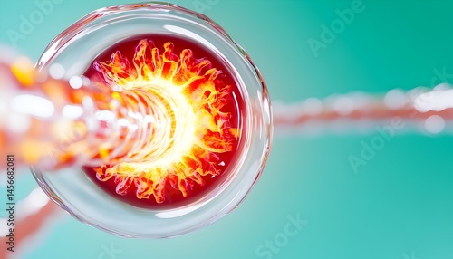 Microscopic view of a glowing, fiery substance flowing through a transparent tube, set against a teal background