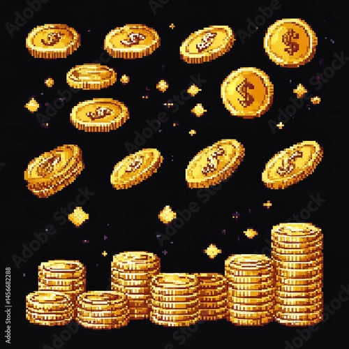  Pixelated Gold Coins Illustration.