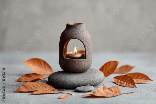 Handmade Clay Vesak Lamp Resting on Stones With Dried Leaves in a Serene Indoor Setting
