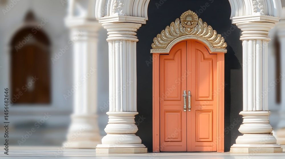 Fototapeta premium Ornate orange double doors, flanked by white columns, under an arched entryway, against a dark backdrop