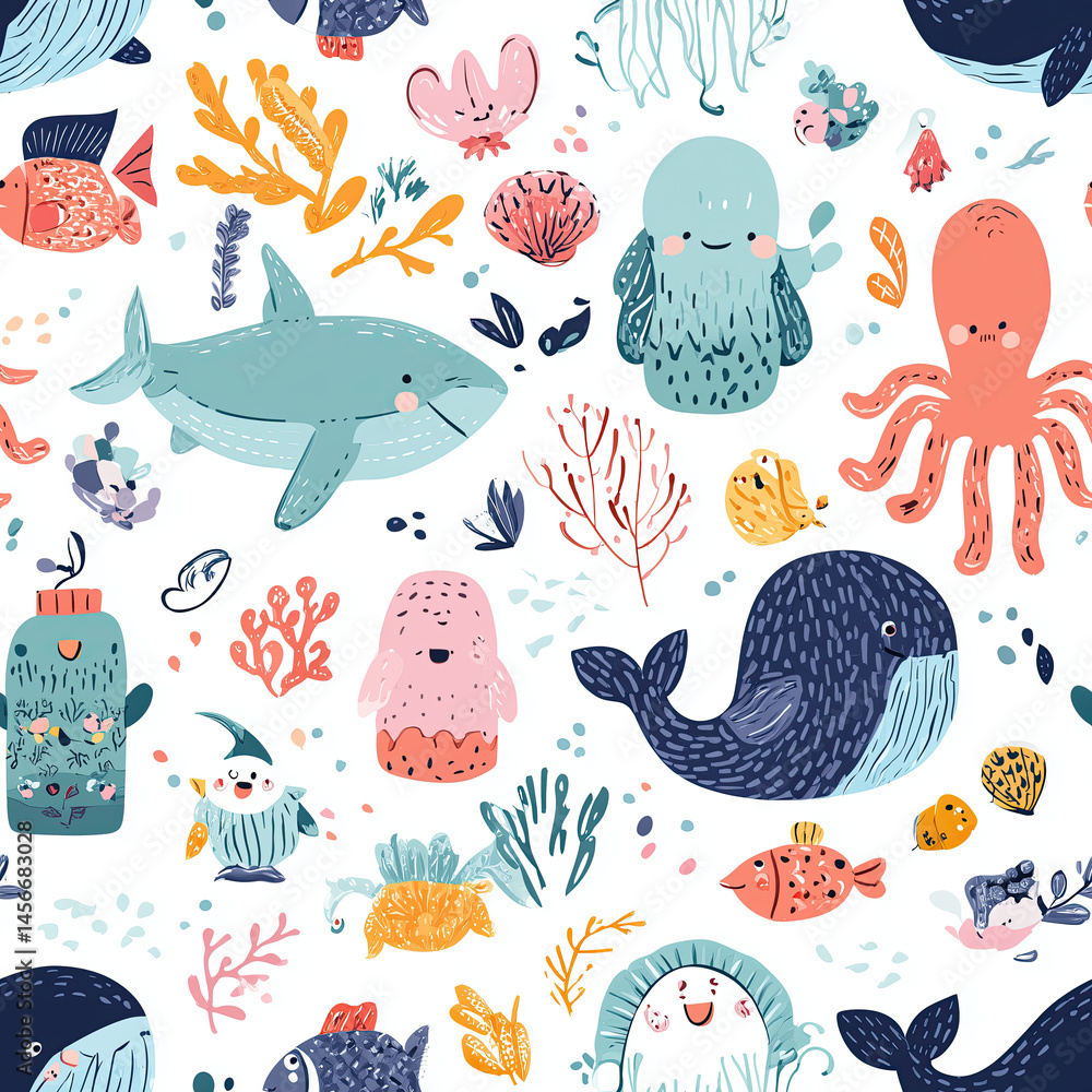 Fototapeta premium Colorful cartoon ocean creatures in seamless pattern
