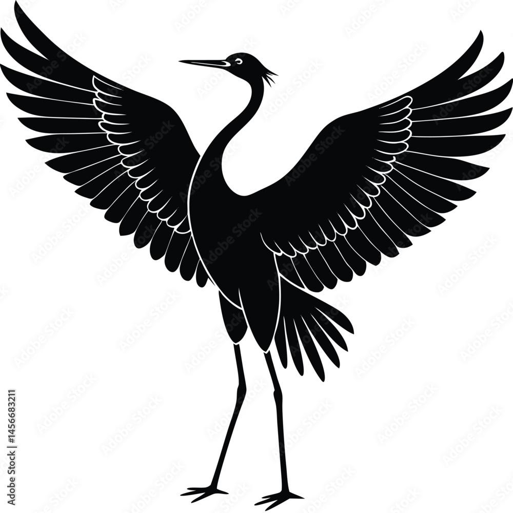 Obraz premium Silhouette of Crane Bird with Wings Spread – Elegant Black Vector Art