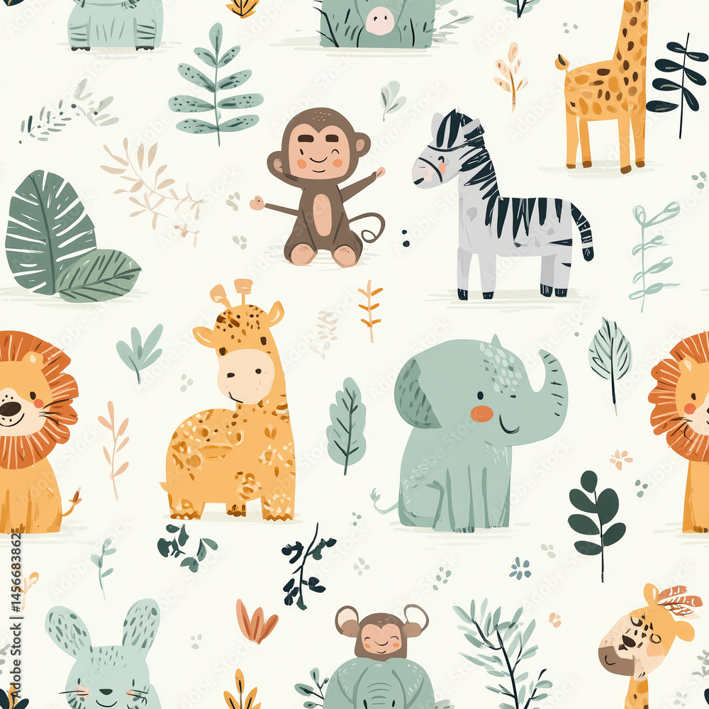 Obraz premium Cute cartoon jungle animals in seamless pattern