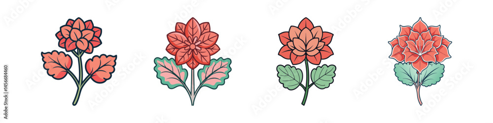 Fototapeta premium Vintage floral vector set, 4 red flower icons with green leaves, botanical illustrations for wedding stationery and spring patterns