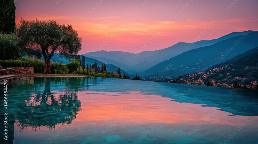 Fototapeta premium Infinity pool reflecting colorful sky over a valley