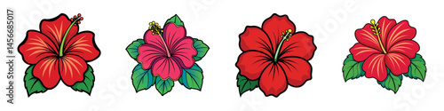 Set of 4 vibrant hibiscus flower vector illustrations in red and pink with green leaves, perfect for tropical designs, summer themes, and floral patterns