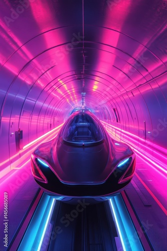 Futuristic Pod Vehicle Moving Through a Neon Lit Tunnel Interior Low Angle Shot Transportation Technology Concept Hyperloop System Innovation