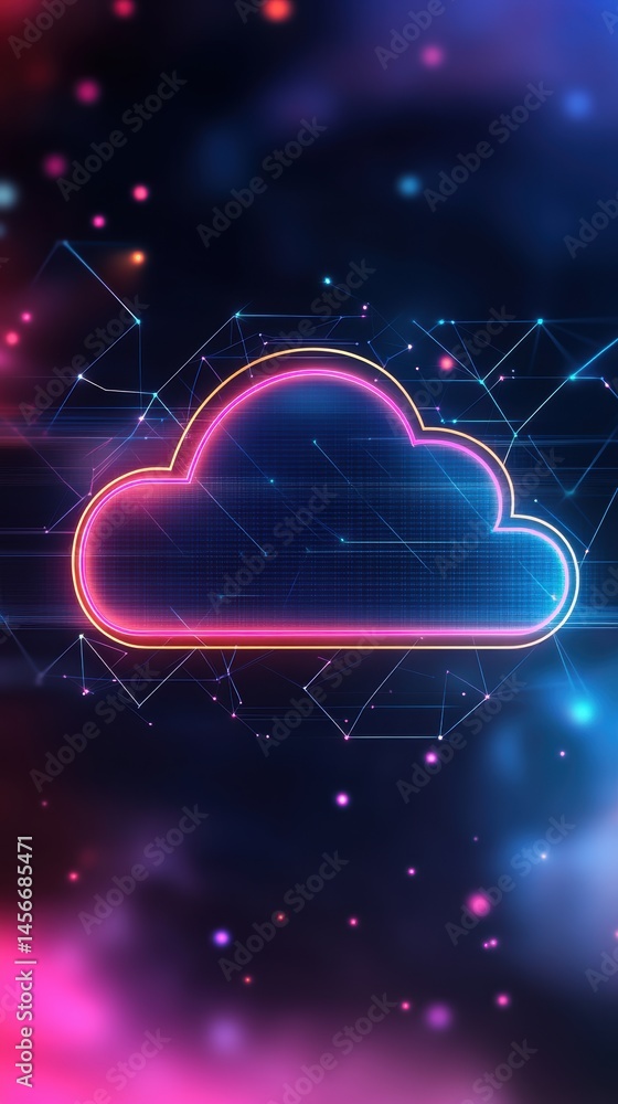 Cloud Computing Illustration with Neon Glow and Network Connections in Abstract Style for Technology Concept