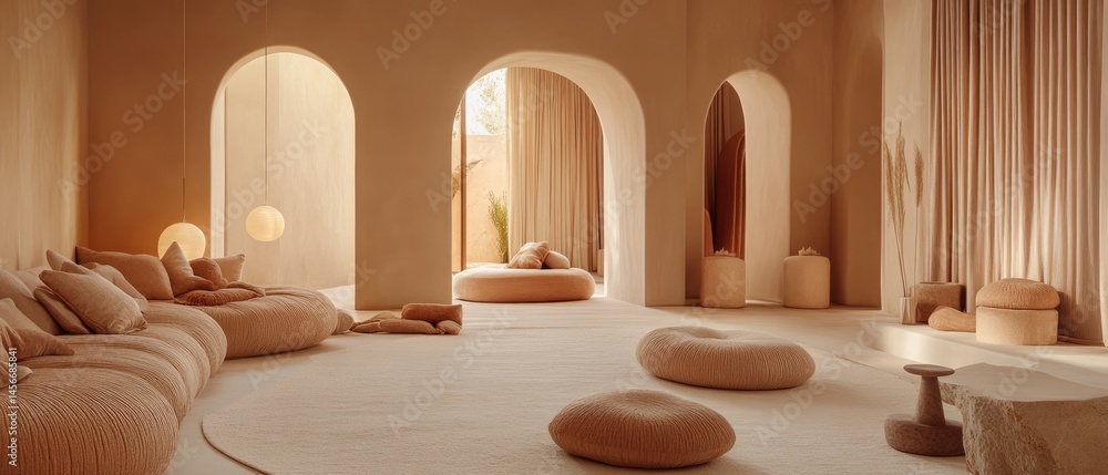 A light-filled, minimalist interior space featuring beige furnishings. A light-filled, minimalist interior space featuring beige furnishings.