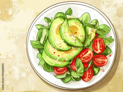 Overhead view of avocado salad with tomatoes and spinach on white plate healthy eating illustration