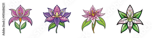 Collection of Four Ornate Lily Flowers with Different Color Schemes and Styles