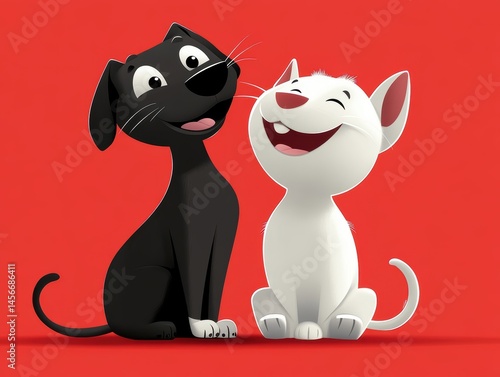 Cartoon Dog and Cat Sitting Side by Side on a Red Background with Happy Expressions