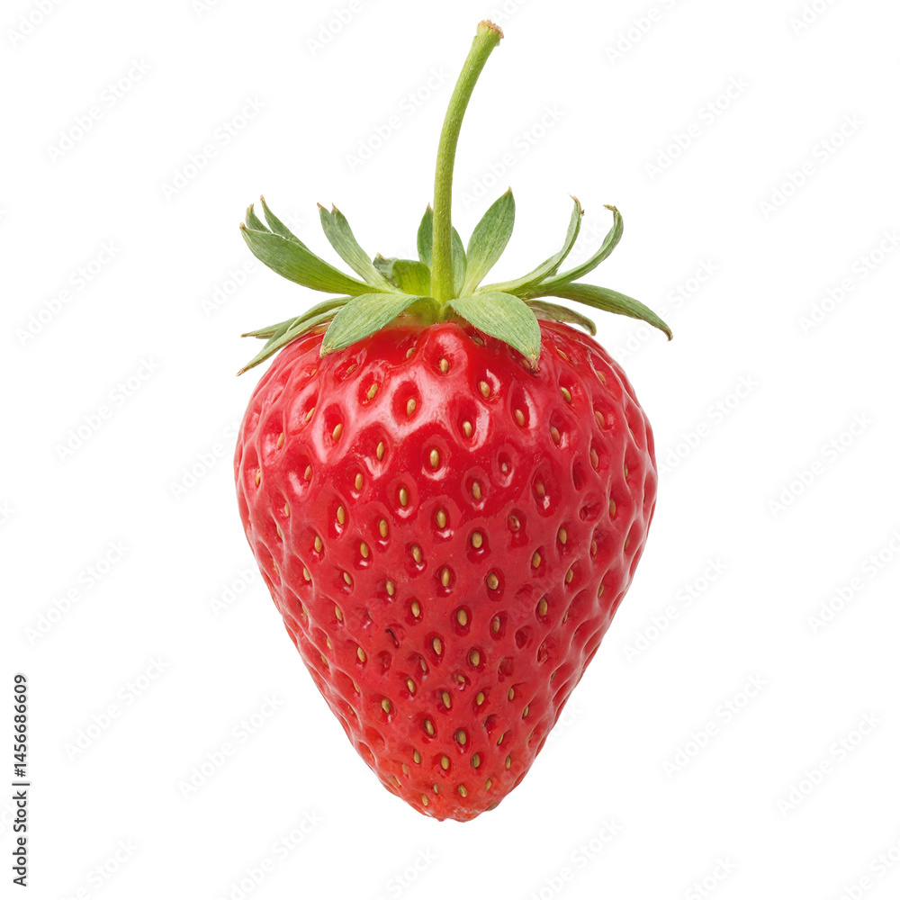 Isolated bright red strawberry with downward falling stem on white background A vibrant and appetizing image for various design projects Isolated bright red strawberry with downward falling stem on white background A vibrant and appetizing image for various design projects
