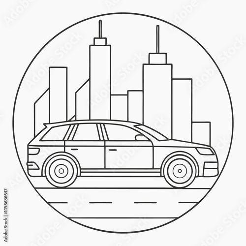 Minimal Cityscape and Car Line Art Illustration

