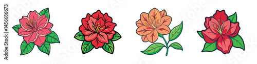 Four Beautiful Azalea Flower Cartoon Illustrations in Vibrant Colors and Unique Designs