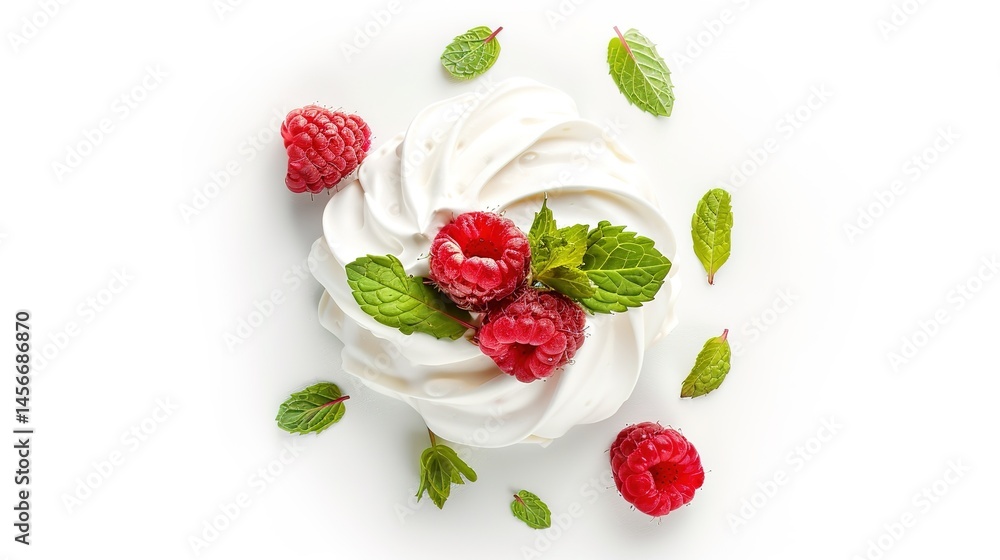 A delicious meringue dessert sits prominently on a clean white background, created by Generative Ai. The meringue has a light and fluffy texture, and it's topped with three bright red raspberries and A delicious meringue dessert sits prominently on a clean white background, created by Generative Ai. The meringue has a light and fluffy texture, and it's topped with three bright red raspberries and