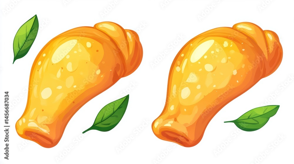 Two Cartoon Chicken Drumsticks with Green Leaves on White Background Food Illustration