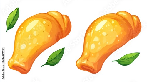 Obraz na płótnie Two Cartoon Chicken Drumsticks with Green Leaves on White Background Food Illustration w salonie