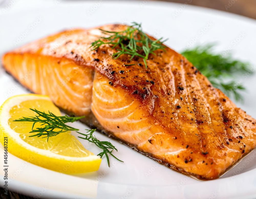 Baked Salmon With Lemon And Dill On Plate Baked Salmon With Lemon And Dill On Plate