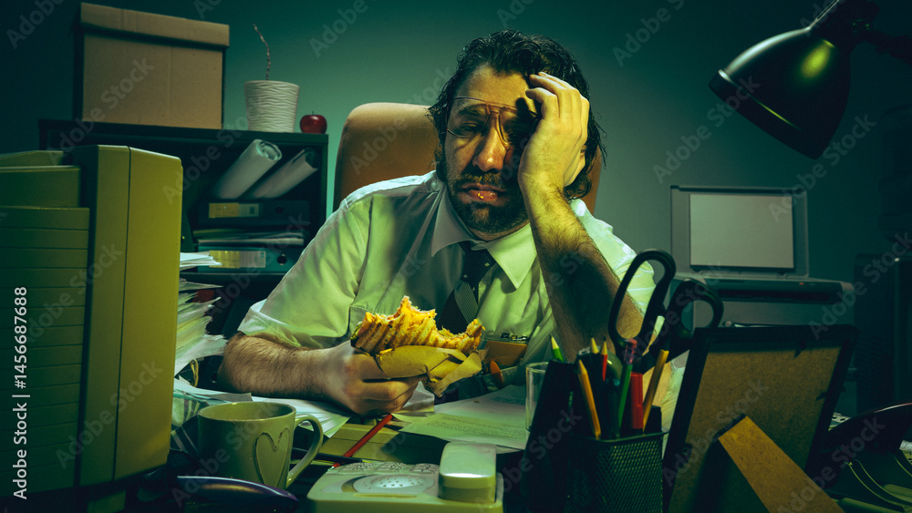Tired employee holds sandwich with blank stare at chaotic desk surrounded by paperwork, showing burnout, exhaustion, stress emotions, pressure. Concept of retro office, corporate life, overwork