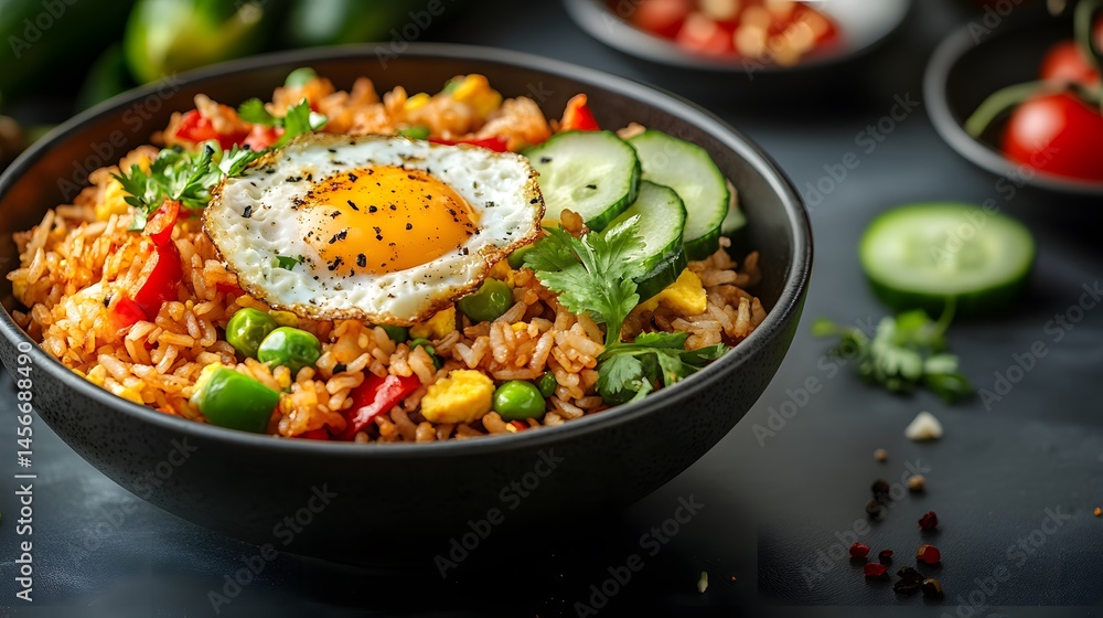 Colorful Fried Rice Bowl with Egg and Fresh Vegetables Colorful Fried Rice Bowl with Egg and Fresh Vegetables