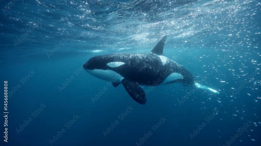a killer whale swimming underwater in the deep blue sea. a killer whale swimming underwater in the deep blue sea.