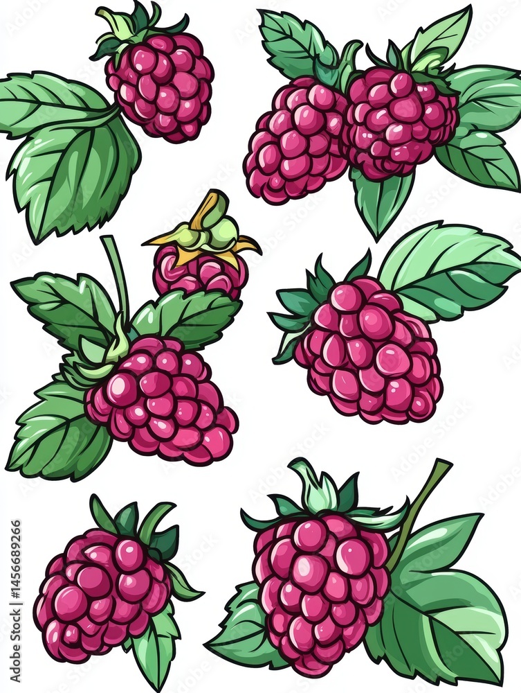 Cartoon Raspberry Illustration featuring Multiple Berries with Green Leaves on White Background in a Graphic Novel Style