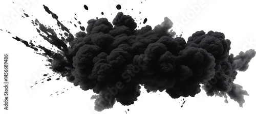 Explosive Black Powder and Smoke Cloud Expanding in an Organic, Fluid Motion, Resulting 
in a Powerful and Dramatic Abstract Visual Display on White
