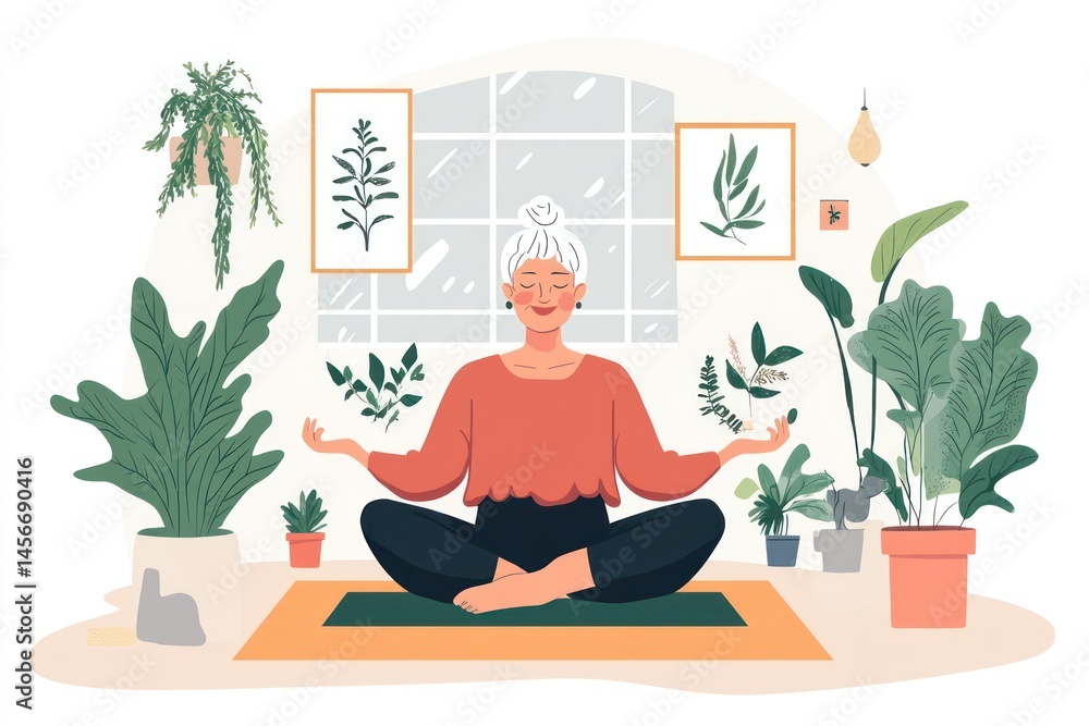 Fototapeta premium Senior woman doing yoga and breathing exercise indoors