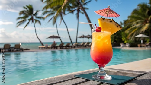 Refreshing tropical cocktail by the poolside luxury resort beverage photography sunny day relaxing atmosphere vacation vibes