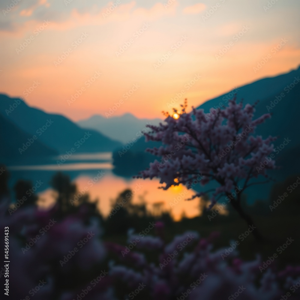 Naklejka premium Sunset over calm lake, mountains, and blooming flowers.