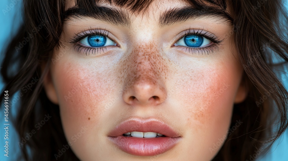Female vivid blue eyes and freckles portrait image closeup. Feminine clear skin and intense gaze. Youthful face close-up photography human scene. Serene mood concept photo-realistic