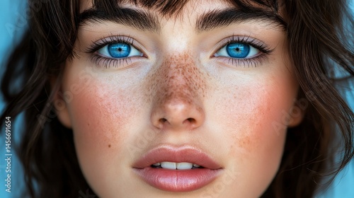 Obraz na płótnie Female vivid blue eyes and freckles portrait image closeup. Feminine clear skin and intense gaze. Youthful face close-up photography human scene. Serene mood concept photo-realistic w salonie
