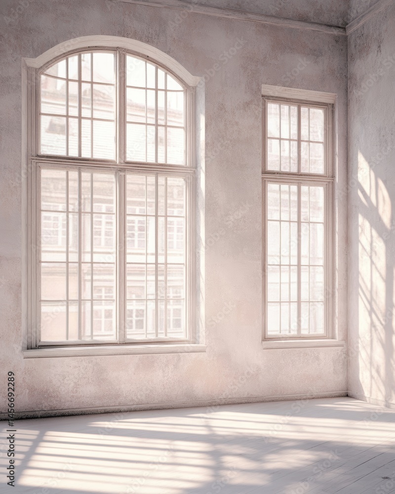 Fototapeta premium Interior view of empty room with large arched window and sunlight streaming in, architectural detail, minimalist style, studio shot