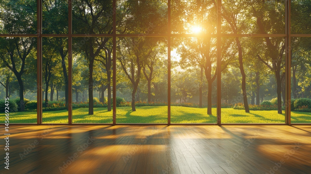 Naklejka premium Interior View of Lush Green Park Through Large Window at Sunrise with Wood Flooring and Natural Light