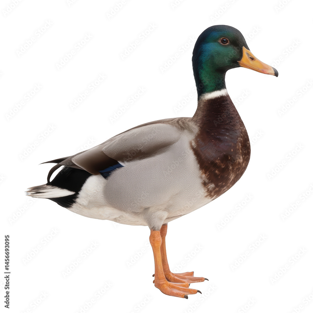 Obraz premium Male duck standing gracefully, vibrant green head, brown chest, gray body, ideal for nature themes or educational content. Isolated on white background or PNG